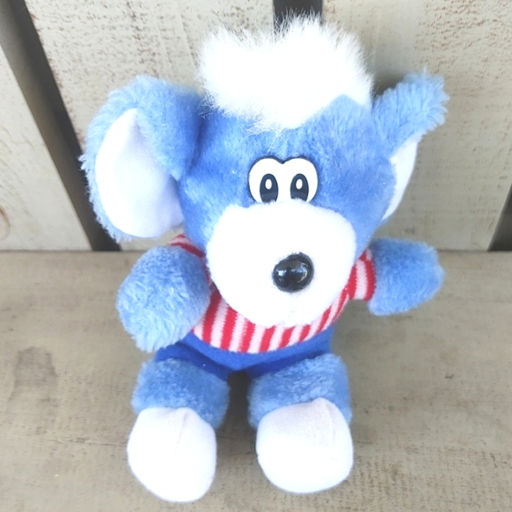 Vintage 1986 Etone Plush Blue Mouse Red White Striped Shirt Stuffed Animal Toy